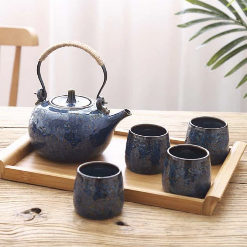 ZEN SET : Vassoio in bambù + teiera in porcellana + 4 cup blu