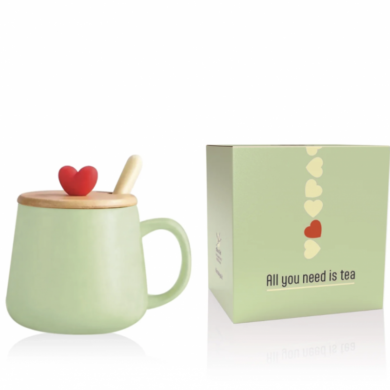 TAZZA HEART in ceramica con tappo in legno e cucchiaino in acciaio VERDE