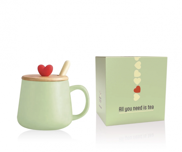TAZZA HEART in ceramica con tappo in legno e cucchiaino in acciaio VERDE