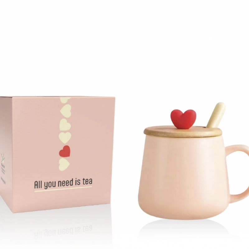 TAZZA HEART in ceramica con tappo in legno e cucchiaino in acciaio ROSA