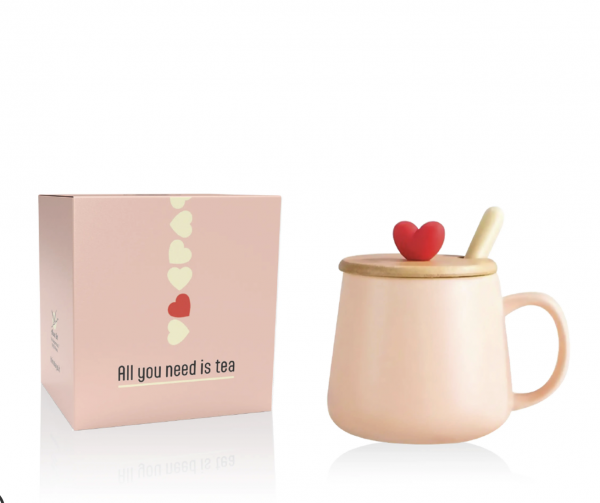 TAZZA HEART in ceramica con tappo in legno e cucchiaino in acciaio ROSA