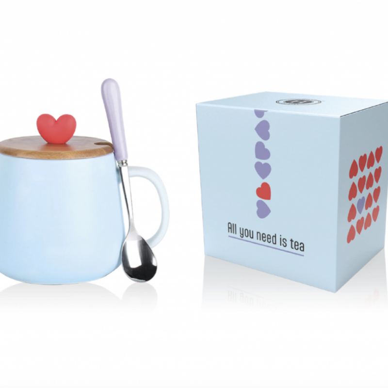 TAZZA HEART in ceramica con tappo in legno e cucchiaino in acciaio CELESTE