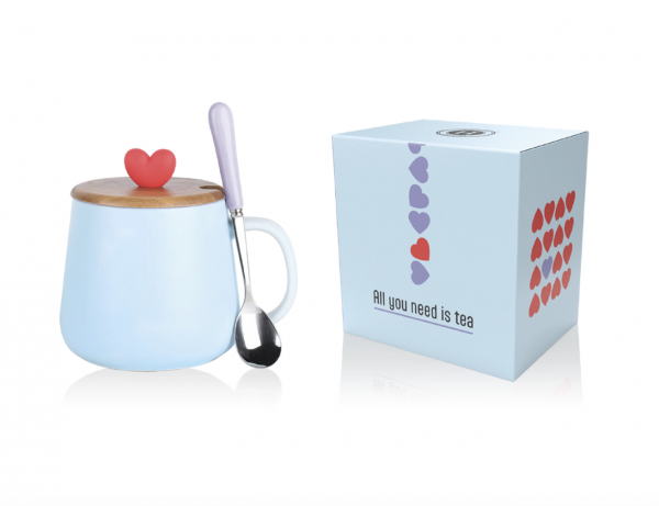 TAZZA HEART in ceramica con tappo in legno e cucchiaino in acciaio CELESTE
