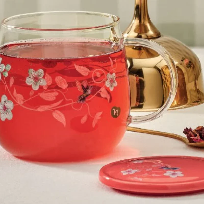 Tazza in vetro con coperchio rosa INFUSI DI PRIMAVERA